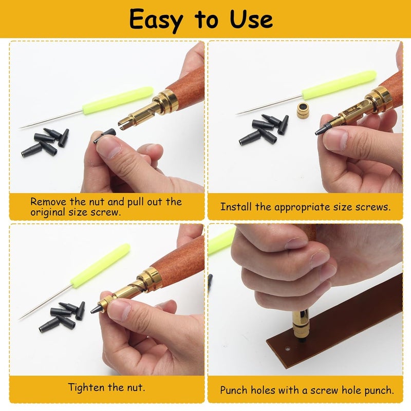 Boyistar Japanese Screw Punch, Wood Handle Belt Hole Puncher, Adjustable Leather Hole Punch Tool (Brown) - Image 4